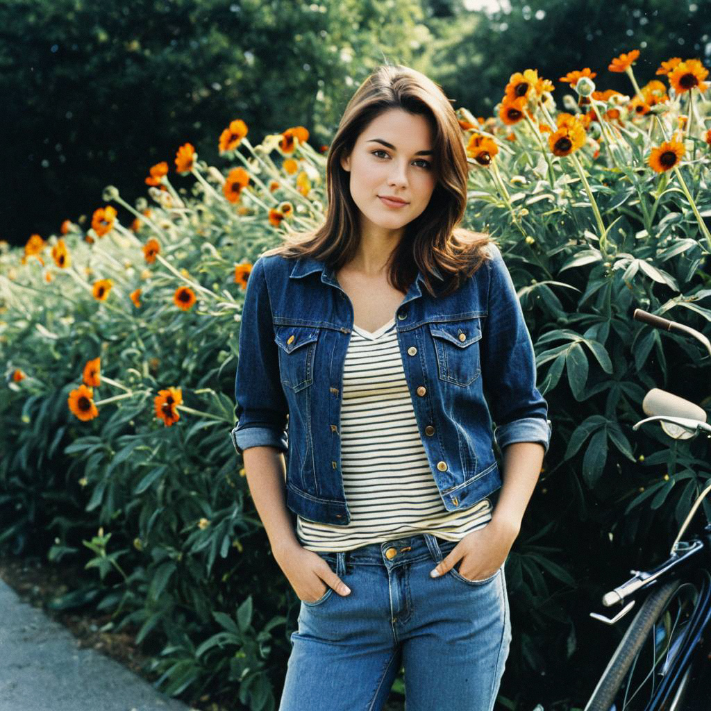 Confident Woman in Denim Jacket with Orange Flowers Confident Woman in Denim Jacket with Orange Flowers