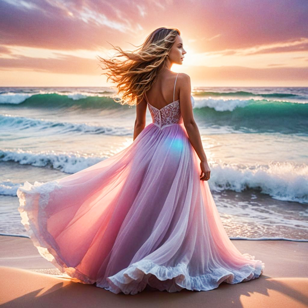 Woman in Pink Dress by Ocean at Sunset