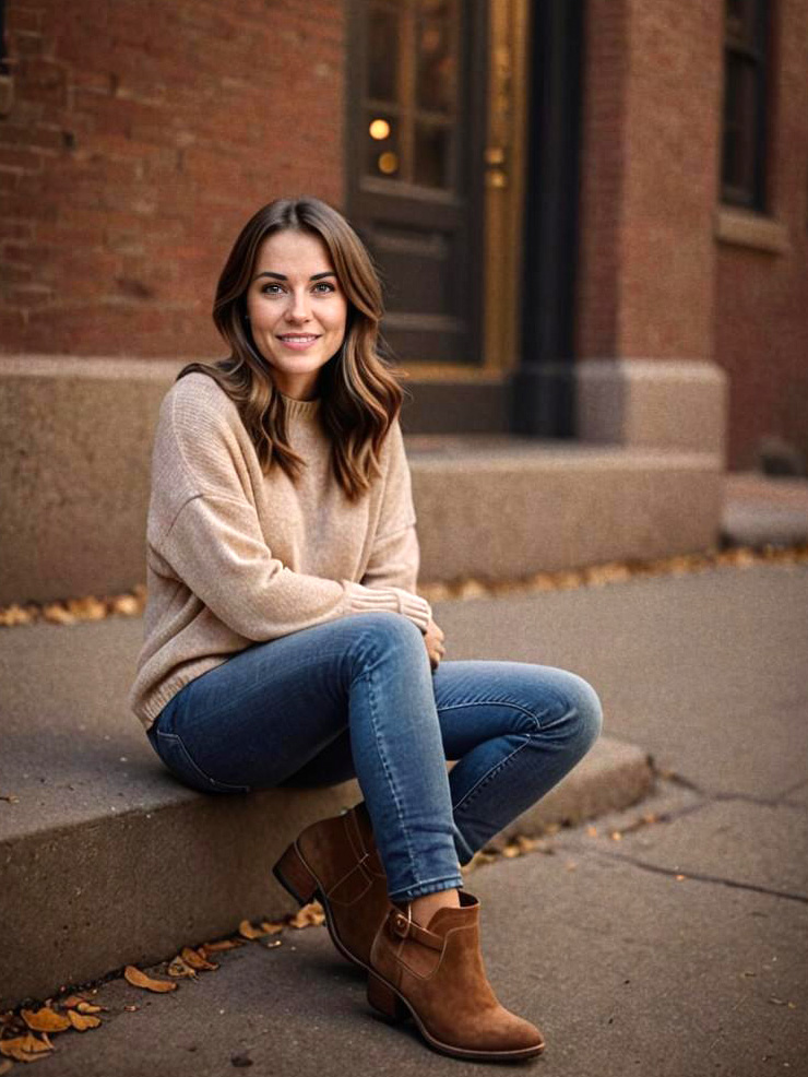 Young Woman Smiling on City Steps