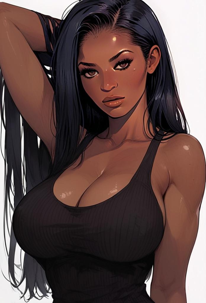 Realistic Digital Illustration of Woman with Long Black Hair in Black Tank Top