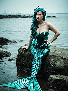 Woman in Shimmering Green Mermaid Costume by Water