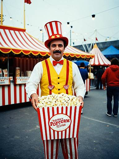 Man in Circus Popcorn Seller Costume at Carnival