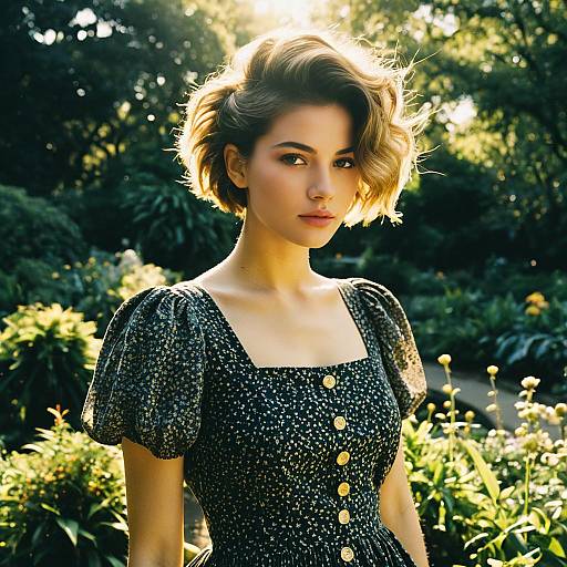 Young Woman in Floral Dress Portrait in Sunlit Garden