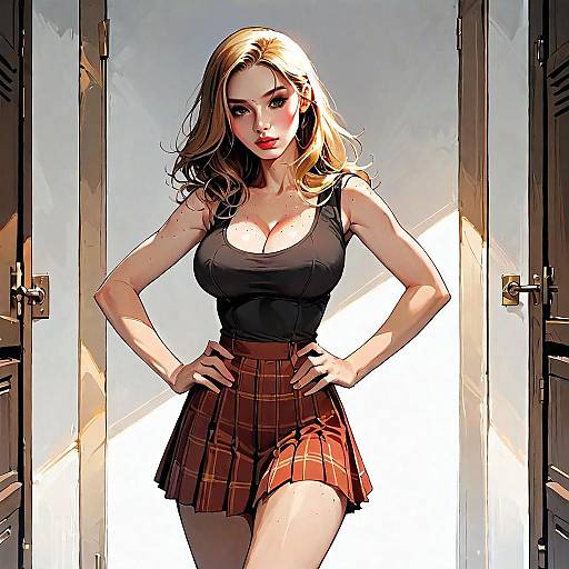 Stylized Digital Art of Blonde Woman in Black Top and Red Plaid Skirt