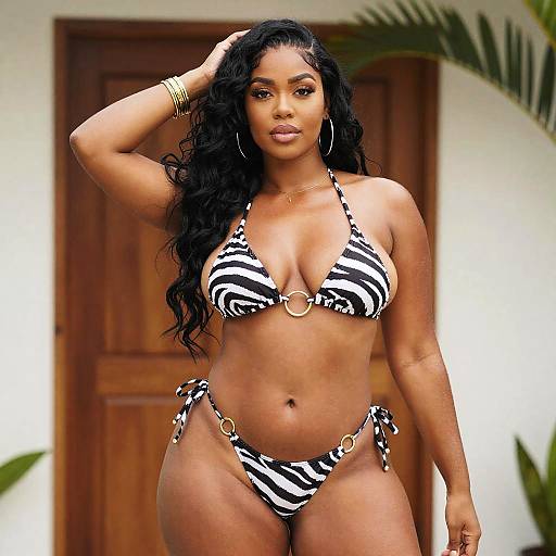 Woman in Zebra-Print Bikini with Gold Accents Posing Outdoors