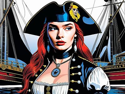 Red-Haired Woman Pirate Digital Art with Historic Sailing Ship Background