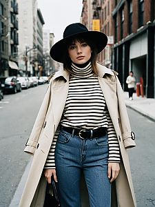 Stylish Woman in Trench Coat and Wide-Brim Hat on City Street