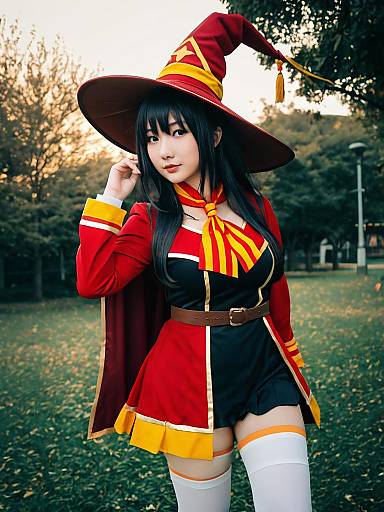 Realistic Photo of Sexy Woman in Megumin Cosplay Costume Outdoors