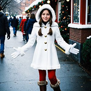 Young Woman in Winter Attire on Festive Street