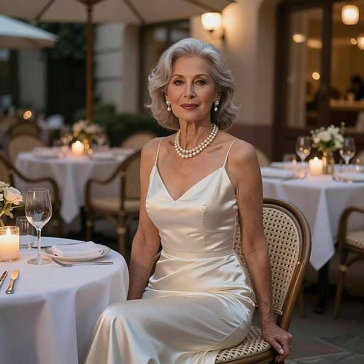 Elegant Older Woman in Satin Dress at Outdoor Dinner