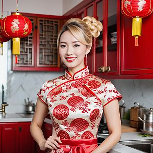 Smiling Woman in Traditional Cheongsam in Festive Kitchen