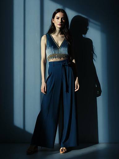 Woman in Bohemian Sleeveless Top with Intricate Gold Beading and Navy Wide-Leg Pants
