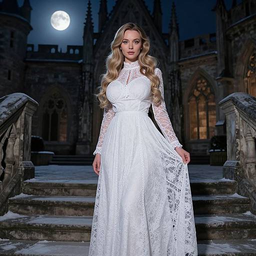 Elegant Woman in White Lace Dress on Gothic Steps Under Full Moon