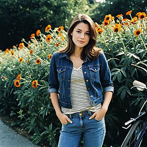 Confident Woman in Denim Jacket with Orange Flowers