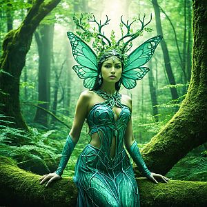 Fantasy Illustration: Female Figure with Butterfly Wings in a Lush Forest