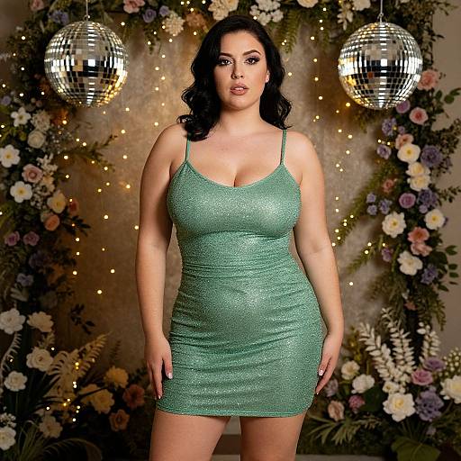 Woman in Shimmering Mint Green Dress with Disco Balls and Floral Backdrop