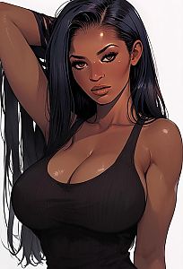 Realistic Digital Illustration of Woman with Long Black Hair in Black Tank Top