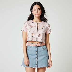 Woman in Pink Cropped T-Shirt and Denim Skirt