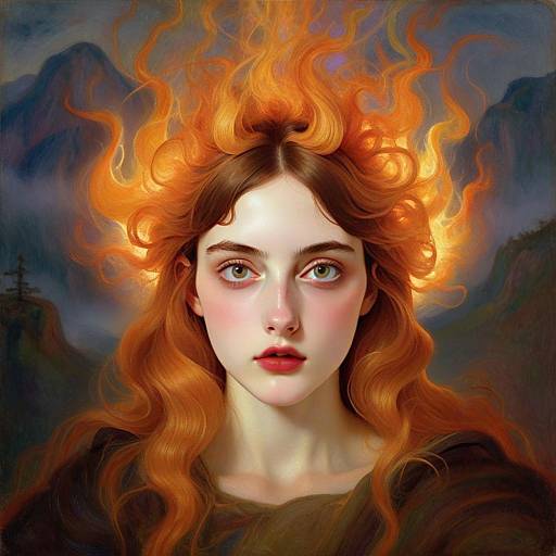 Fiery Red-Haired Woman Digital Portrait with Mystical Flames