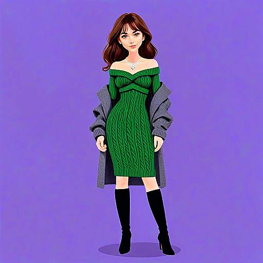 Stylish Woman in Green Off-Shoulder Bodycon Dress with Gray Coat Illustration
