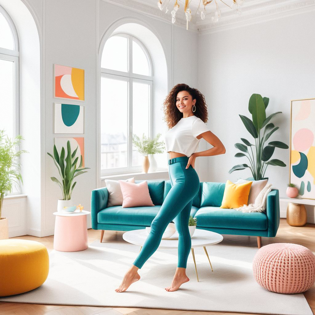 Stylish Young Woman in Modern Living Room Stylish Young Woman in Modern Living Room