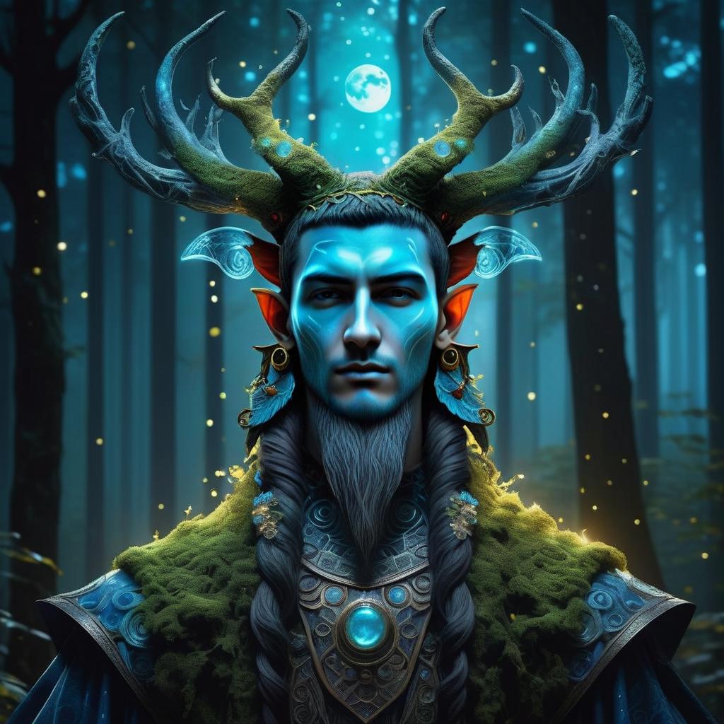 Mystical Man with Antler Horns in Moonlit Forest Mystical Man with Antler Horns in Moonlit Forest
