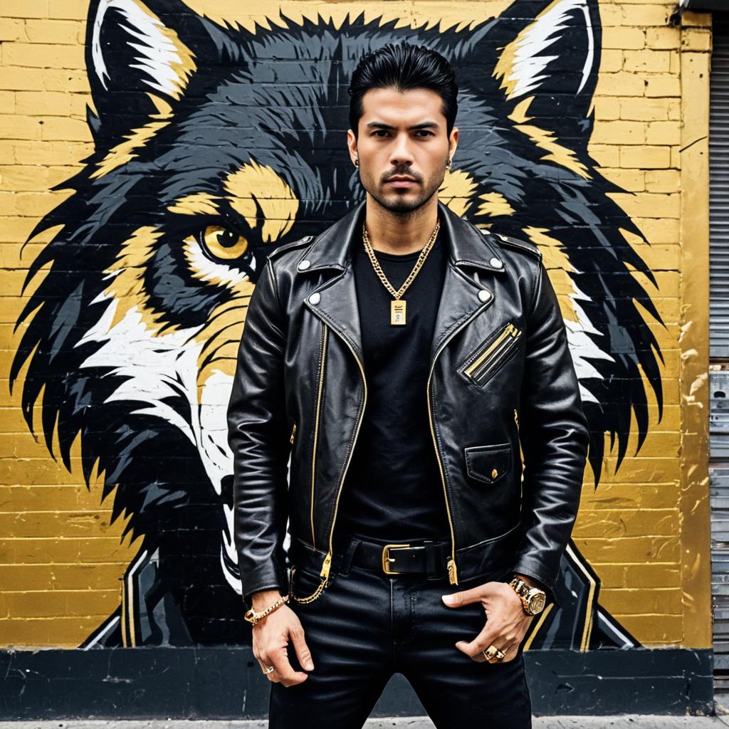 Confident Man in Black Leather Jacket Poses by Urban Wolf Mural