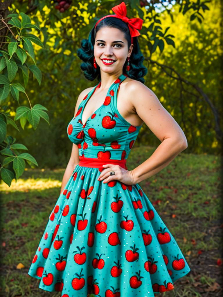 Woman in Vintage Halter Dress with Apple Print Woman in Vintage Halter Dress with Apple Print