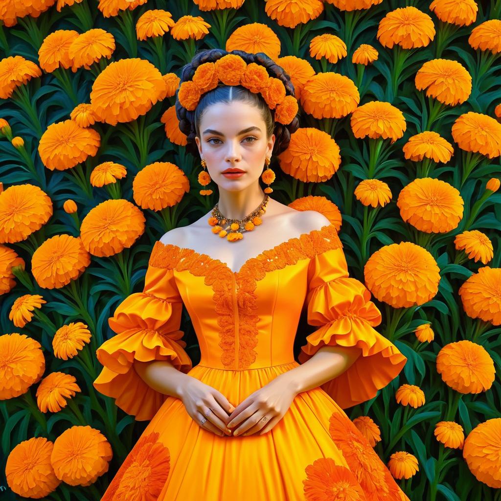 Woman in Elegant Orange Dress Amid Marigolds