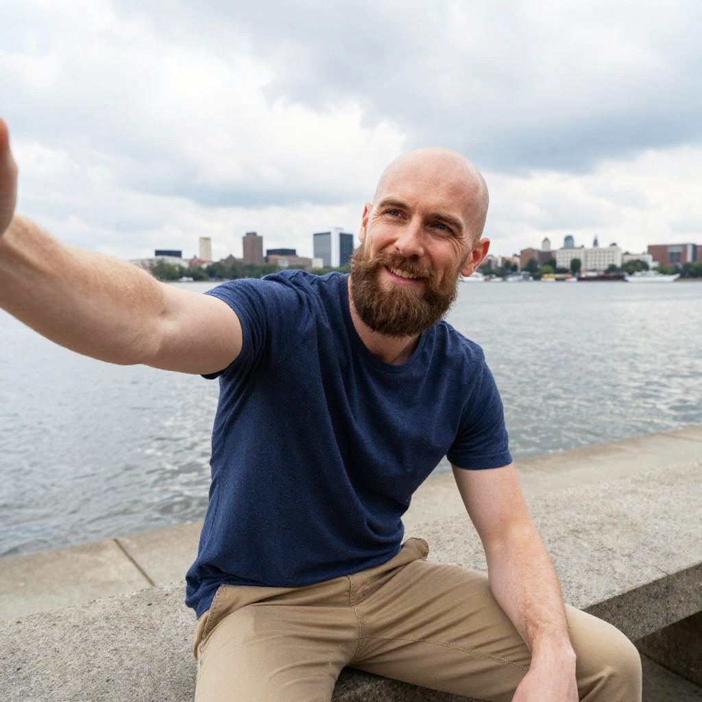 Man Taking Selfie by Waterfront with City Skyline Background