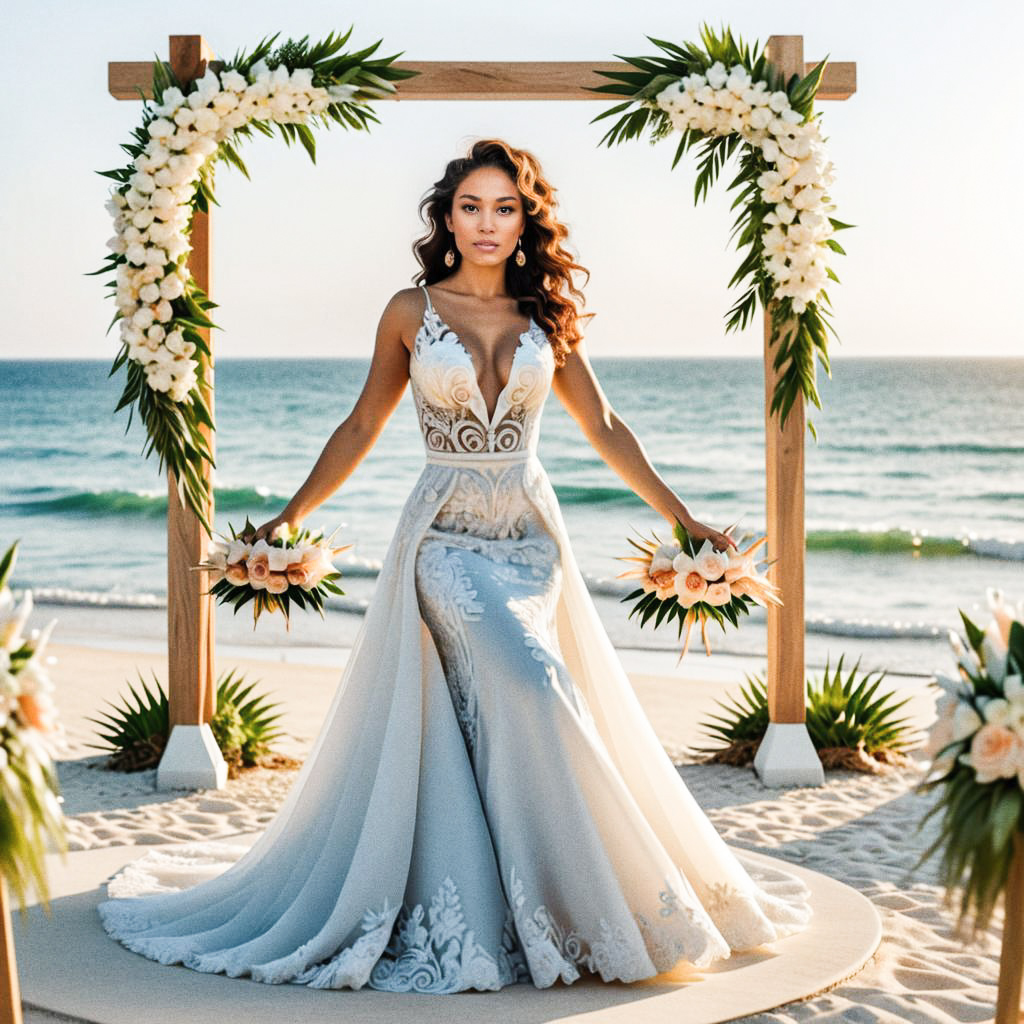 Confident Bride in Lace Wedding Dress on Beach Confident Bride in Lace Wedding Dress on Beach