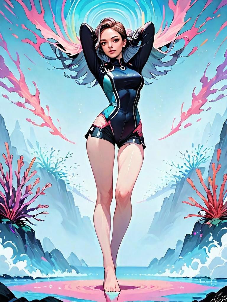 Digital Fantasy Artwork of Woman in Futuristic Bodysuit with Underwater Elements