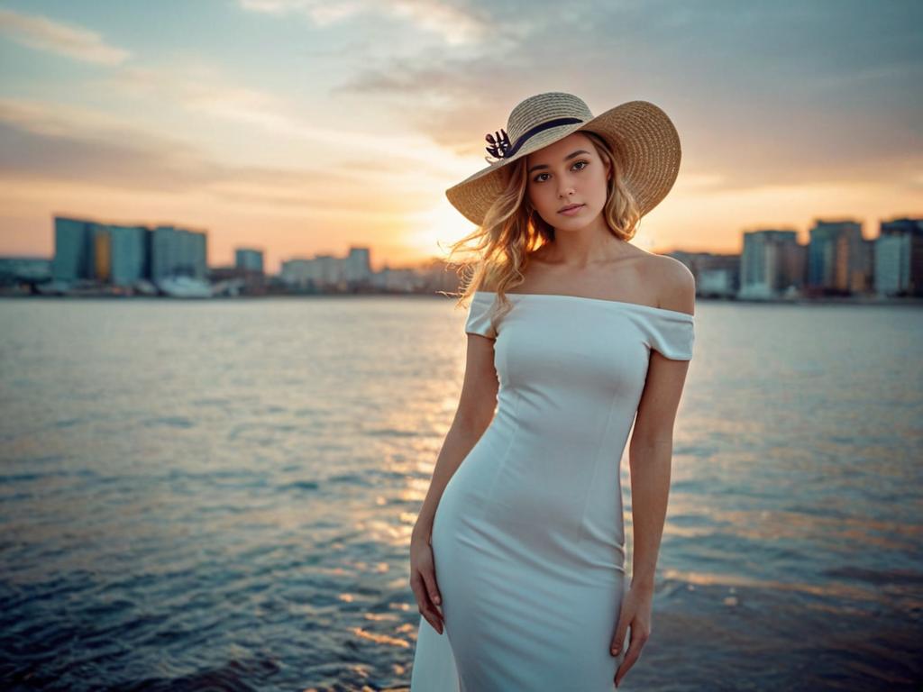 Woman in White Dress with Sunset Cityscape