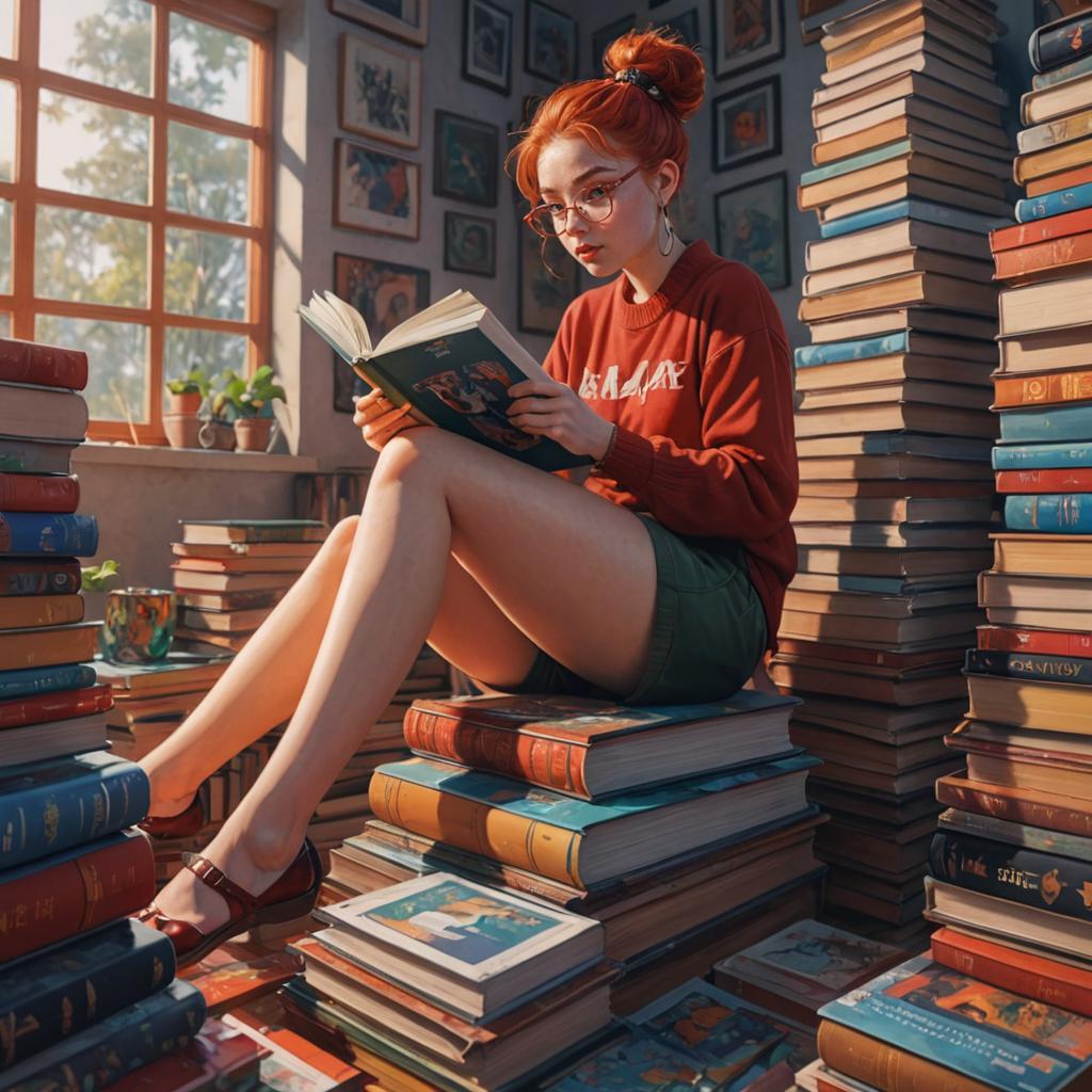 Young Woman Reading Surrounded by Books