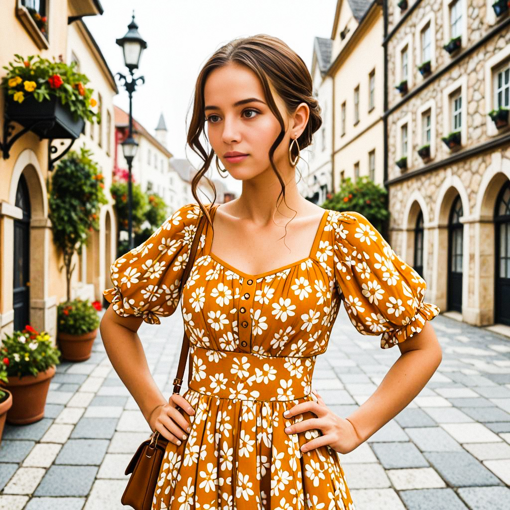 Young Woman in Mustard Dress on Cobblestone Street Young Woman in Mustard Dress on Cobblestone Street