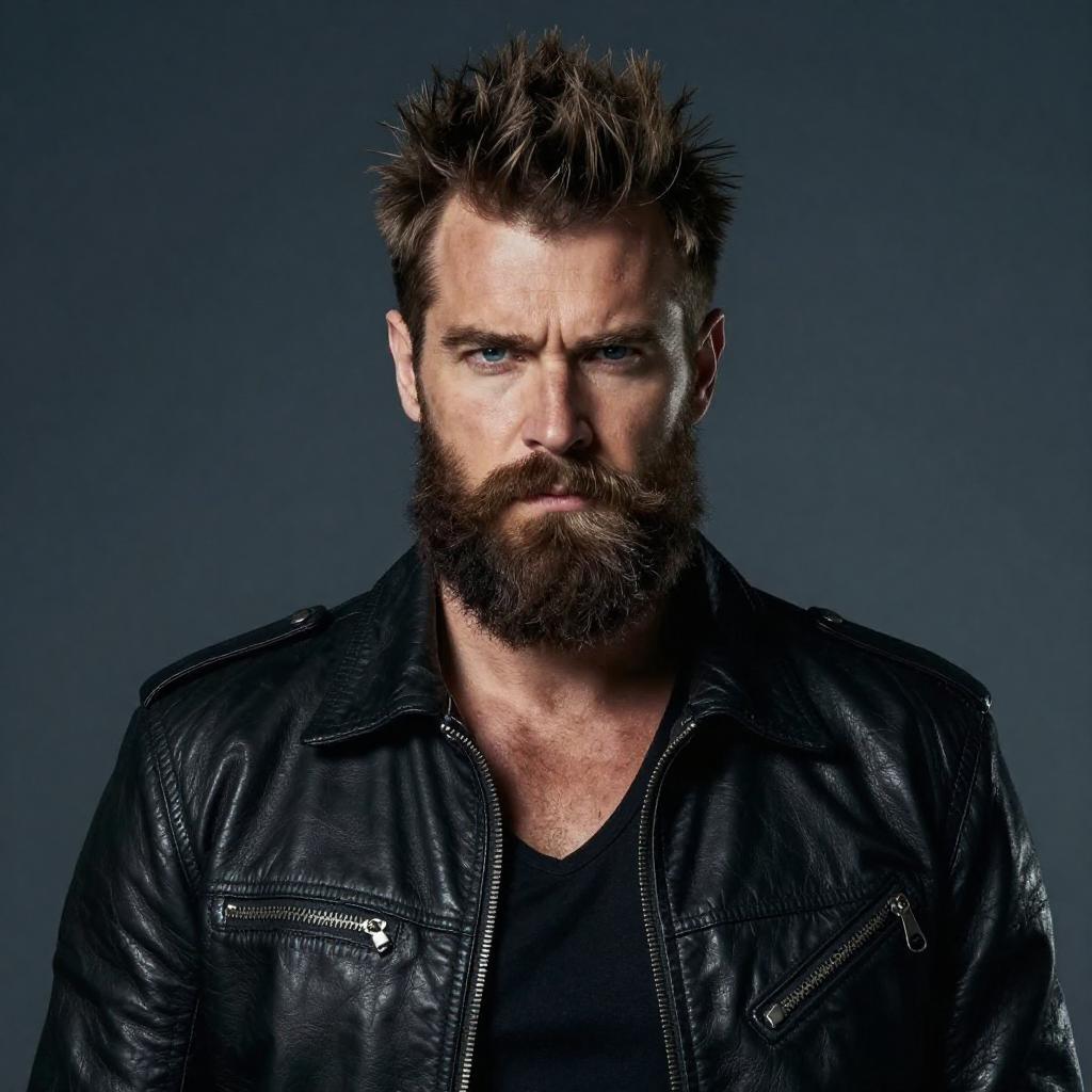 Intense Bearded Man in Black Leather Jacket Portrait Gen Z Style