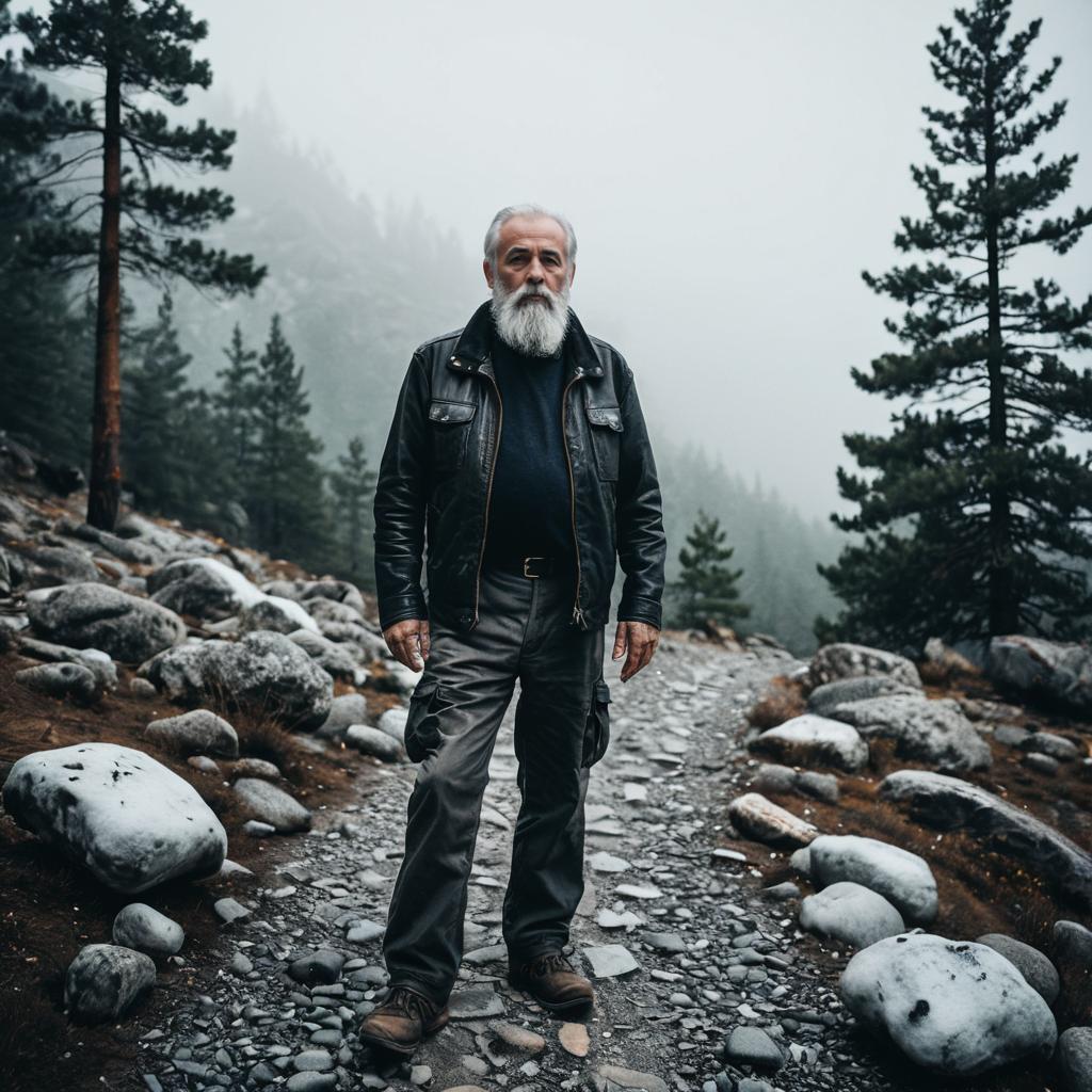 Bearded Older Man in Leather Jacket Hiking Misty Forest Trail