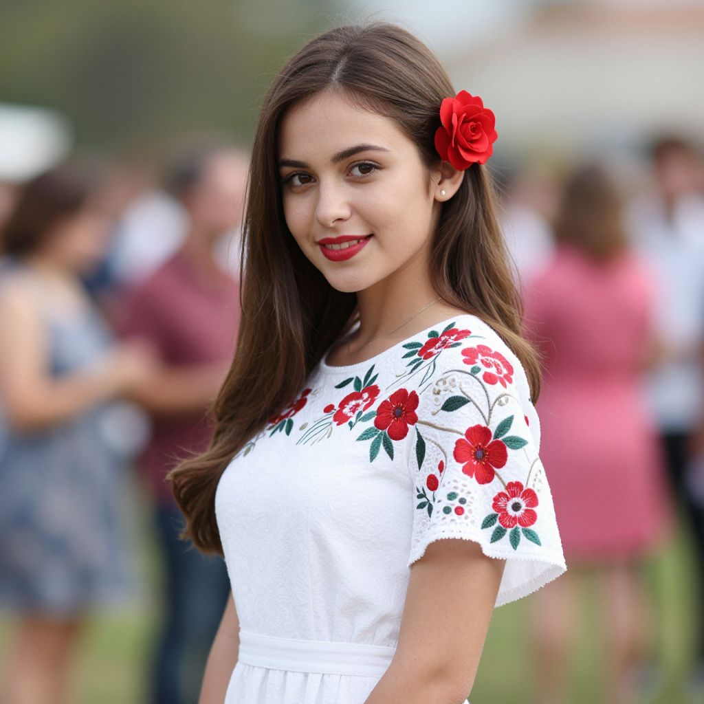 Young Woman in White Floral Embroidered Dress with Red Flower Accessory