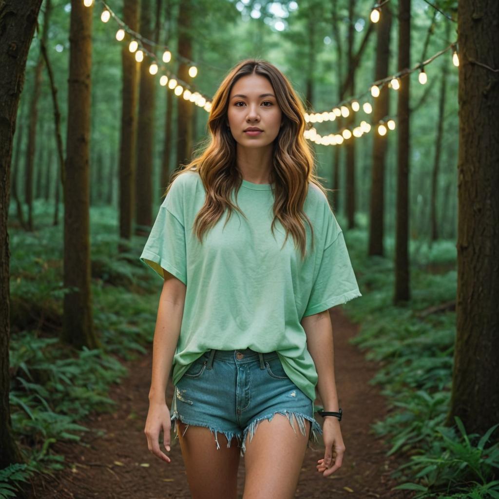 Artistic Portrait of Woman in Serene Forest with String Lights