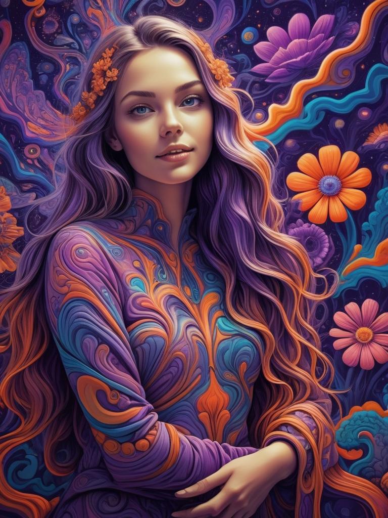 Woman with Purple Hair and Orange Flowers in Psychedelic Background Woman with Purple Hair and Orange Flowers in Psychedelic Background