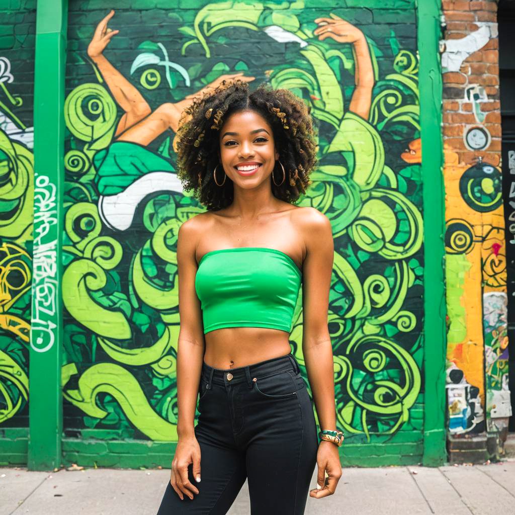 Confident Woman in Stylish Green Top Against Colorful Mural