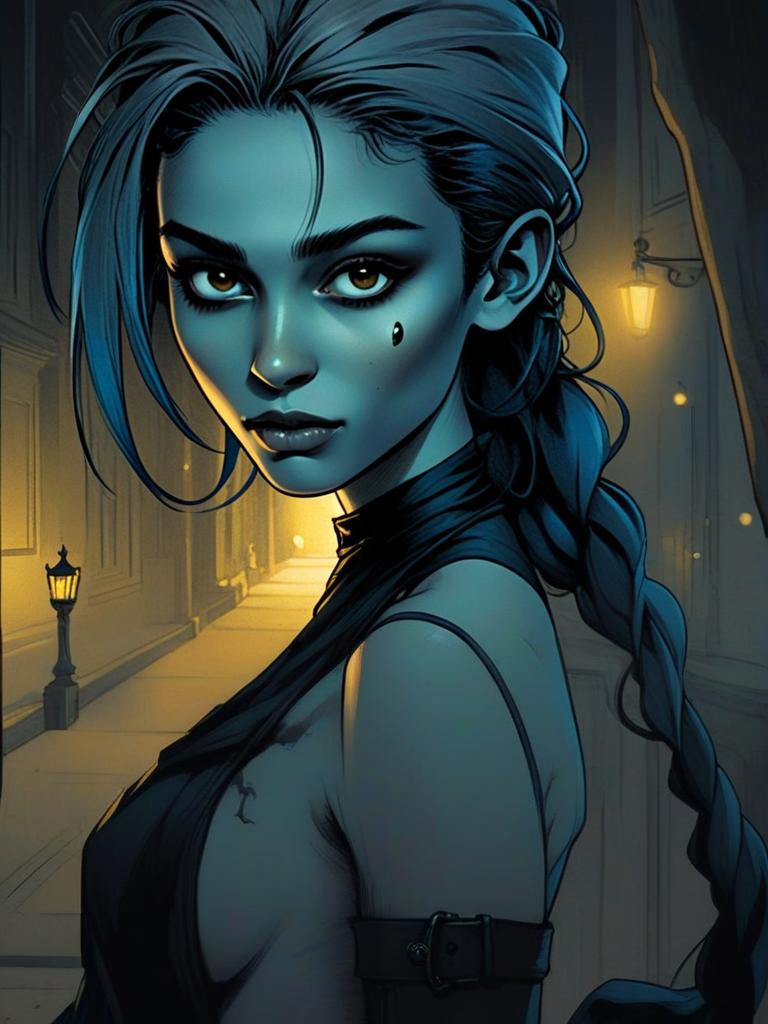 Striking Woman with Amber Eyes in Gothic Urban Scene