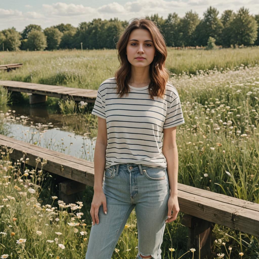 Woman in Casual Attire in Serene Wildflower Field