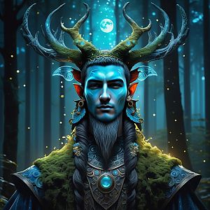Mystical Man with Antler Horns in Moonlit Forest