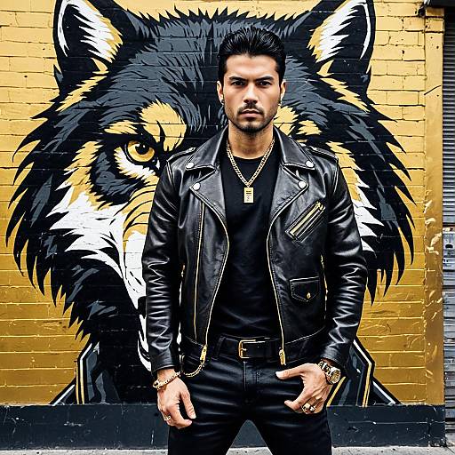 Confident Man in Black Leather Jacket Poses by Urban Wolf Mural