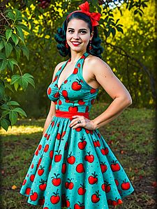 Woman in Vintage Halter Dress with Apple Print