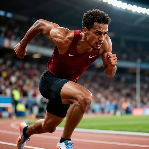 Male Sprinter Running Intense Track Race in Stadium vllm26033001317v1z