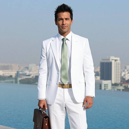 Confident Man in White Suit Holding Briefcase by Infinity Pool with City View