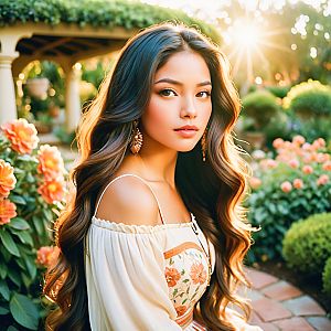 Elegant Woman in Lush Garden with Flowers