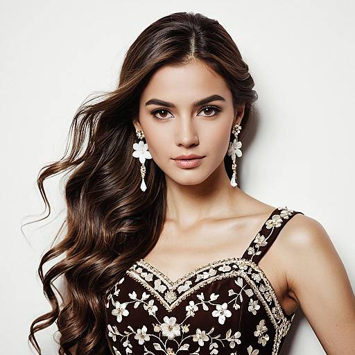 Elegant Woman Wearing Embroidered Floral Dress with Long Wavy Hair